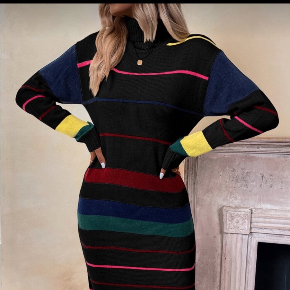 Striped Pattern Colorblock Sweater Dress. - Picture 4 of 16